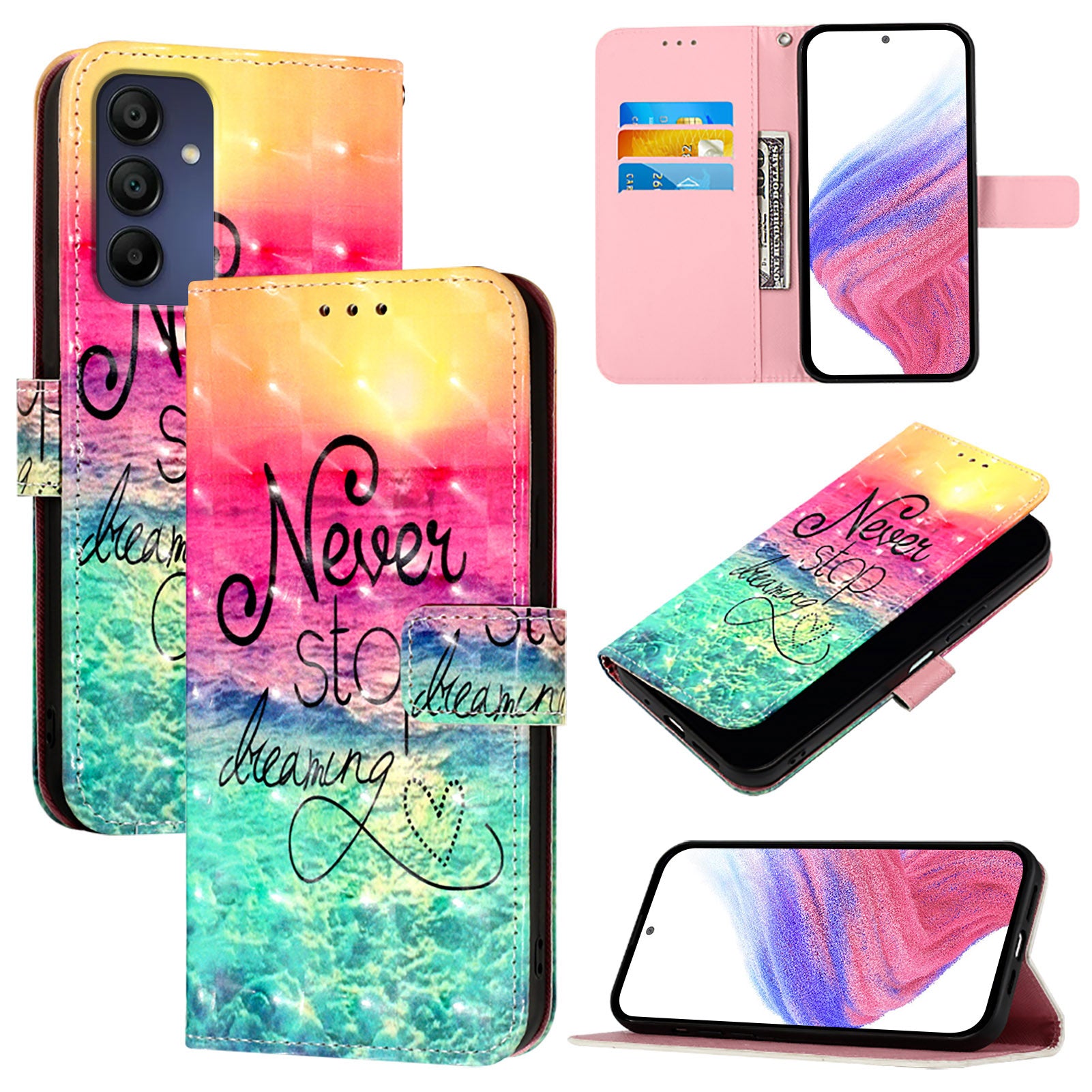 For Samsung Galaxy A16 5G / A16 4G Leather Case YB Pattern Printing Leather Series-2 Pattern Printing Wallet Stand Cover - Never Stop Dreaming For Samsung Galaxy A16 5G / A16 4G Leather Case YB Pattern Printing Leather Series-2 Pattern Printing Wallet Stand Cover - Never Stop Dreaming